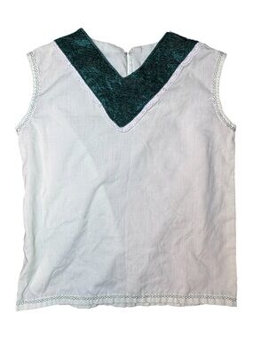 Handmade Linen Look Sleeveless Blouse w/ Velvet V Detail Boho Cottagecore